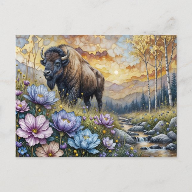 Amerikansk bison i blomsterrik bergdal vykort (Framsida)