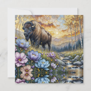 Amerikansk bison i blomsterrik bergsdal julkort