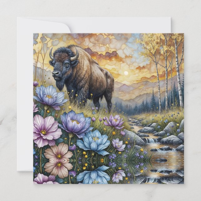 Amerikansk bison i blomsterrik bergsdal julkort (Framsida)