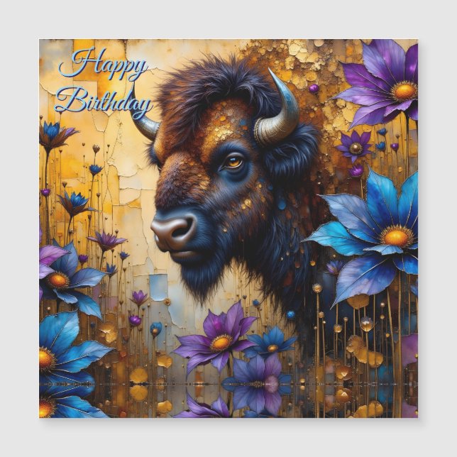 Amerikansk Bison i texturerad Blomma Glad Födelsed (Framsida)