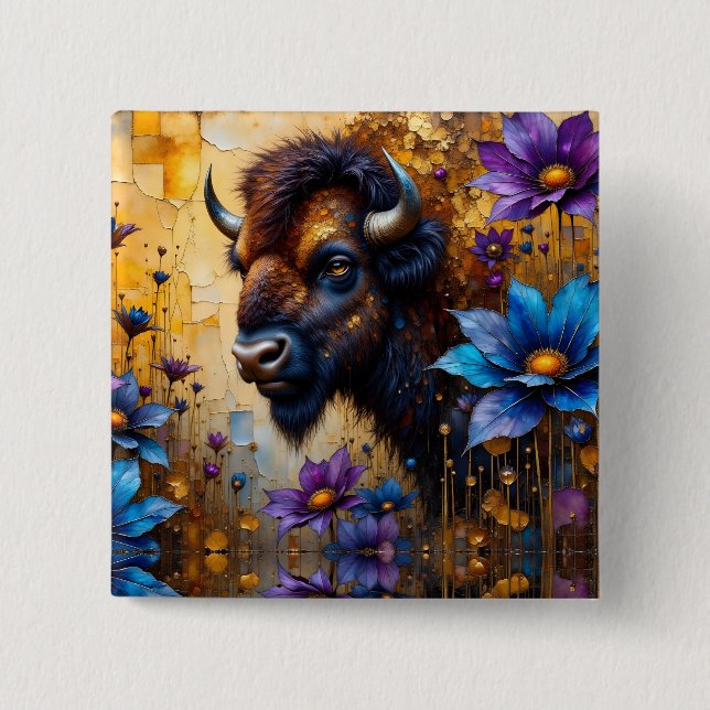Amerikansk bison i texturerad blommig porträtt knapp (Framsida)