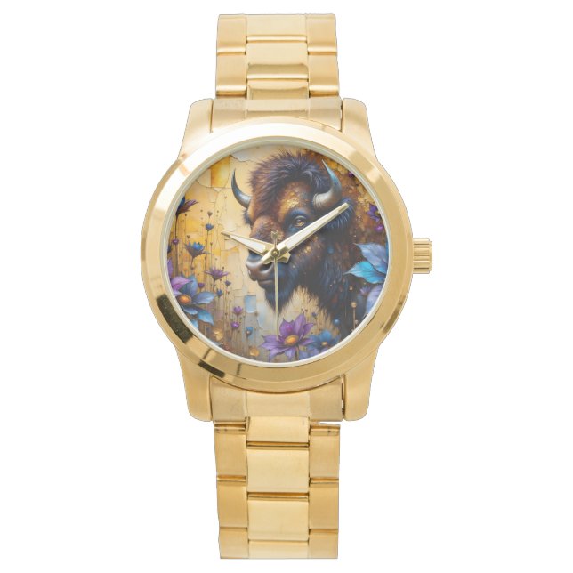 Amerikansk bison i texturerad blomsterporträtt armbandsur (Framsida)