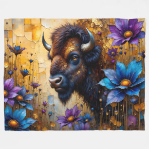 Amerikansk bison i texturerad blomsterporträtt fleecefilt