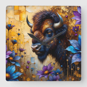 Amerikansk bison i texturerad blomsterporträtt fyrkantig klocka