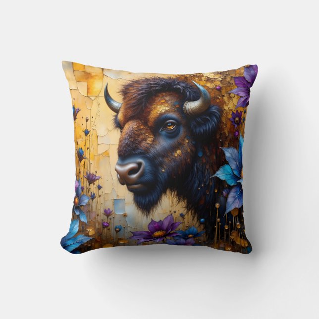 Amerikansk bison i texturerad blomsterporträtt kudde (Framsida)