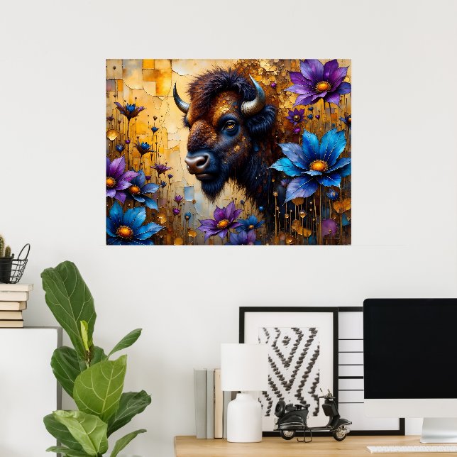 Amerikansk bison i texturerad blomsterporträtt poster (Hemmakontoret)
