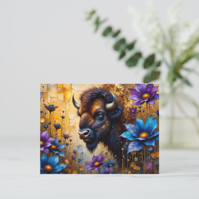 Amerikansk bison i texturerad blomsterporträtt vykort (Stående Fram)