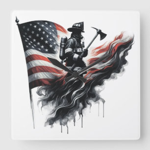 Amerikansk brandman.Flagga i Stater. Fyrkantig Klocka