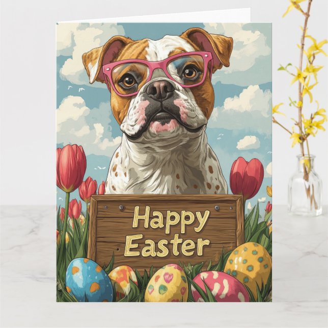 Amerikansk Bulldogg  Påskägg Kort (Gul blomma)