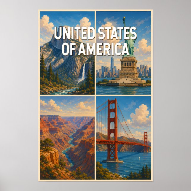 Amerikansk Collage Illustration Resa Konst Poster (Framsidan)