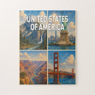 Amerikansk Collage Illustration Resa Konst Pussel