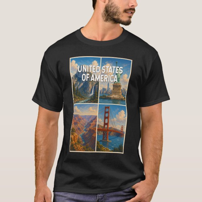 Amerikansk Collage Illustration Resa Konst T Shirt (Framsida)