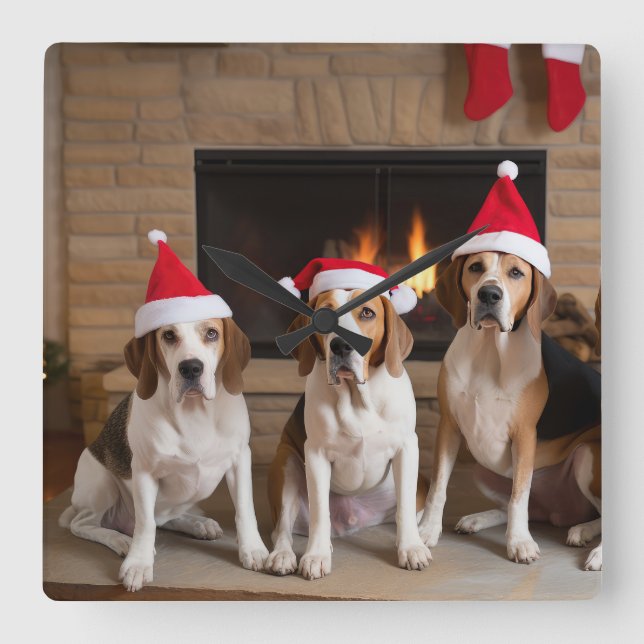 Amerikansk engelsk rävhund Jul Eldstad Fyrkantig Klocka (Framsida)