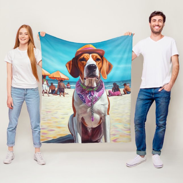 Amerikansk engelsk rävhund på strand, sommarpresen fleecefilt (På plats)