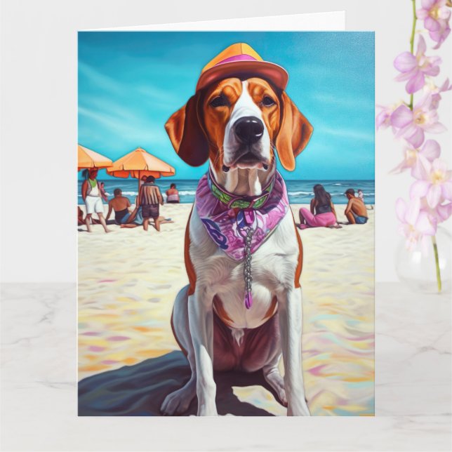 Amerikansk engelsk rävhund på strand, sommarpresen kort (Orkide)