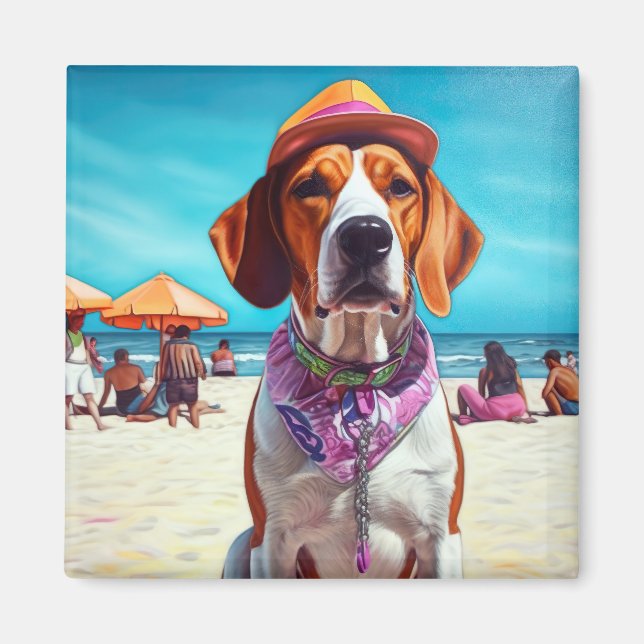 Amerikansk engelsk rävhund på strand, sommarpresen magnet (Framsidan)