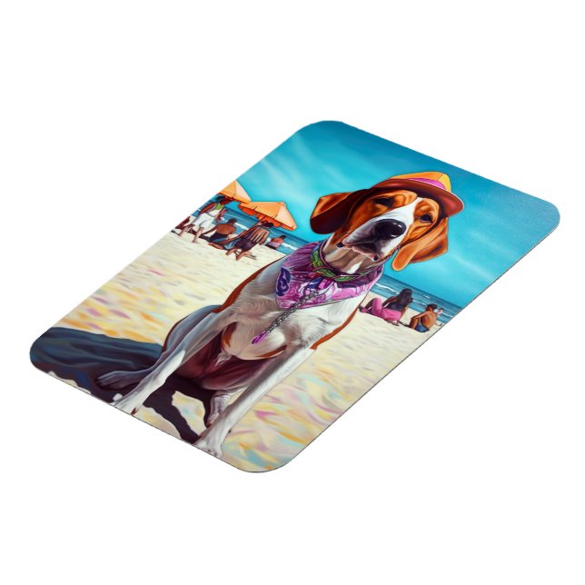 Amerikansk engelsk rävhund på strand, sommarpresen magnet (Vänstra Sidan)