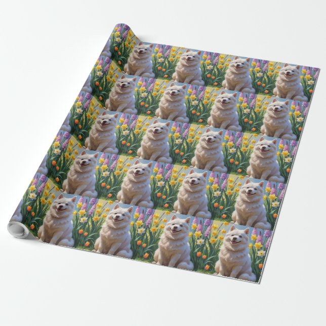 Amerikansk Eskimå Hund Vårblommor Målning Presentpapper (Utrullad)