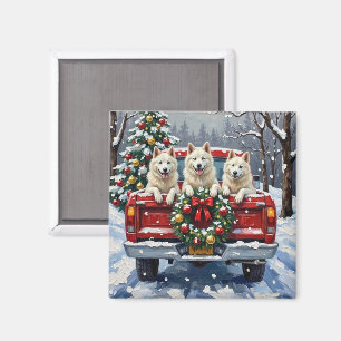 Amerikansk Eskimåhund Jul Röda Lastbil Holiday Magnet