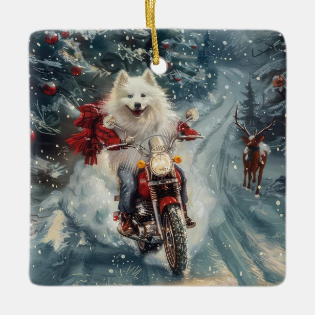 Amerikansk eskimo Dog Riding Motorcycle jul - jul Julgransprydnad Keramik (Framsida)