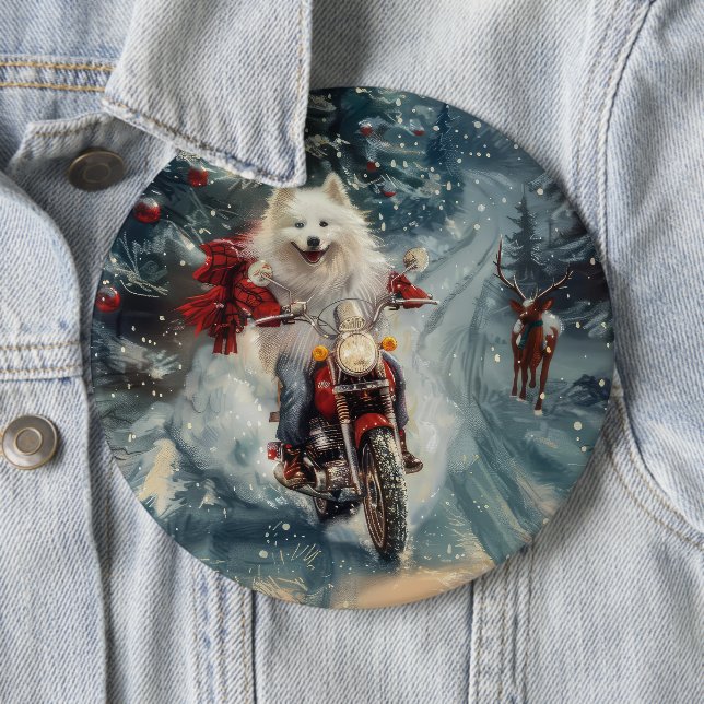 Amerikansk eskimo Dog Riding Motorcycle jul - jul Knapp (In Situ)
