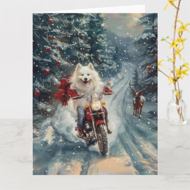 Amerikansk eskimo Dog Riding Motorcycle jul - jul Kort (Gul blomma)