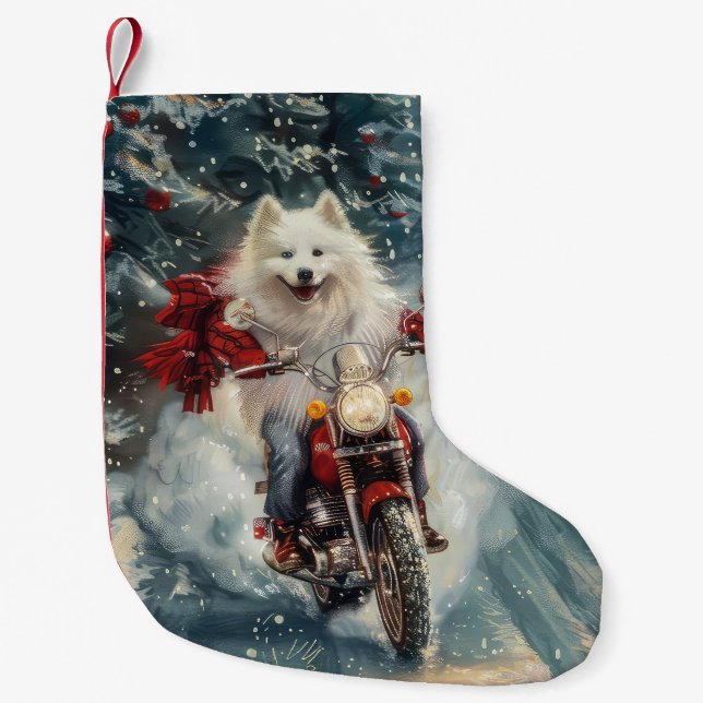 Amerikansk eskimo Dog Riding Motorcycle jul - jul Liten Julstrumpa (Framsidan)