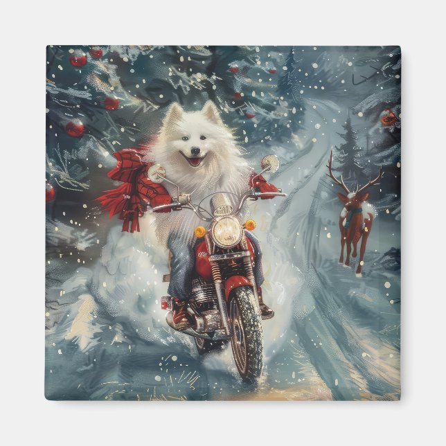 Amerikansk eskimo Dog Riding Motorcycle jul - jul Magnet (Framsidan)
