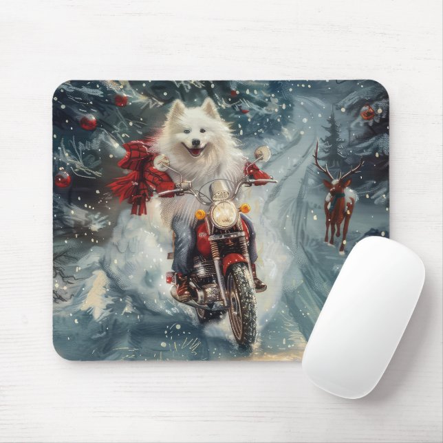 Amerikansk eskimo Dog Riding Motorcycle jul - jul Musmatta (Med mus)