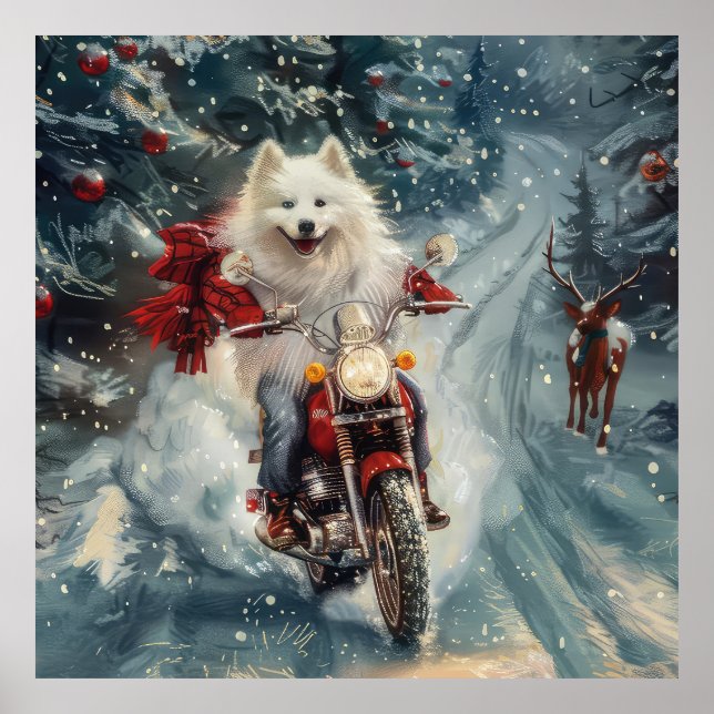 Amerikansk eskimo Dog Riding Motorcycle jul - jul Poster (Framsidan)