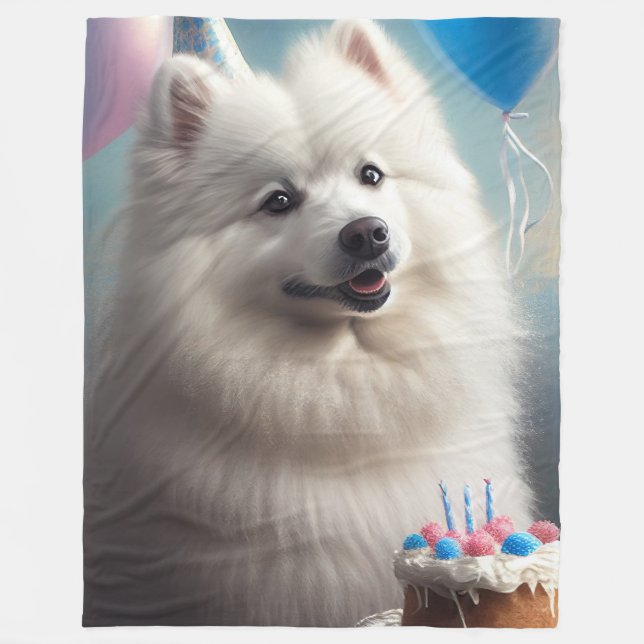 Amerikansk eskimo hund med ballonger födelsedag fleecefilt (Framsidan)