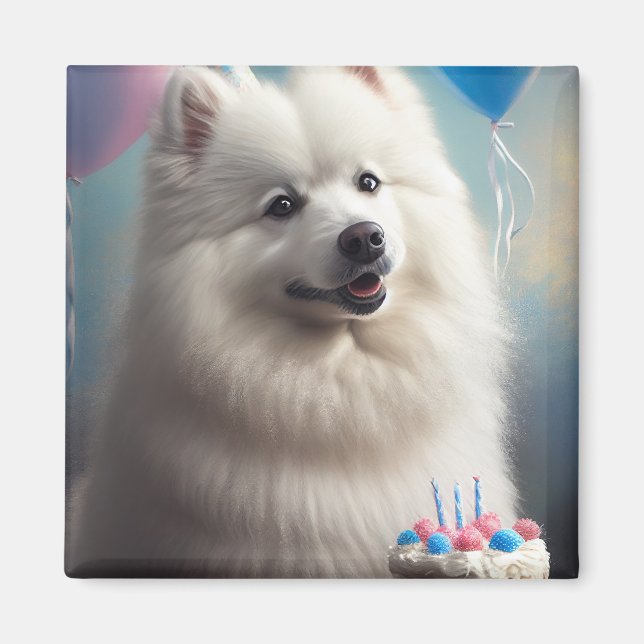 Amerikansk eskimo hund med ballonger födelsedag magnet (Framsidan)