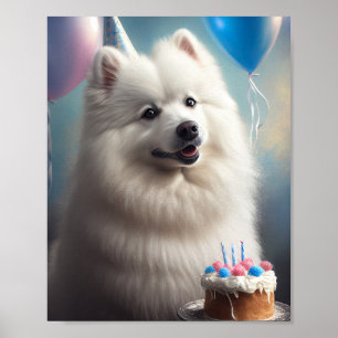 Amerikansk eskimo hund med ballonger födelsedag poster