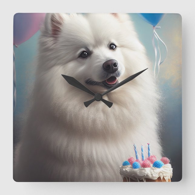 Amerikansk eskimo-hund med ballonger fyrkantig klocka (Framsida)