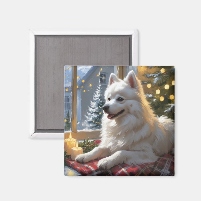 Amerikansk Eskimo Hund Med Julbelysning Semester Magnet (Front/Back)