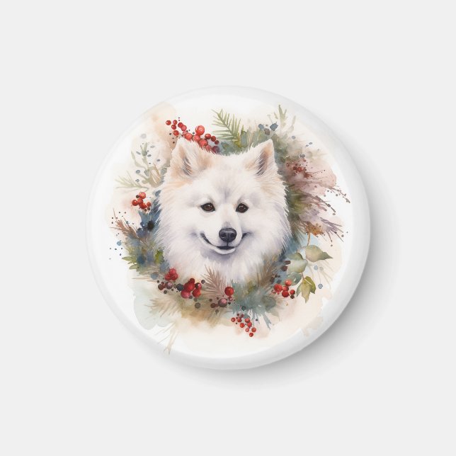 Amerikansk eskimo-julkransar Festive Valp Magnet (Framsidan)