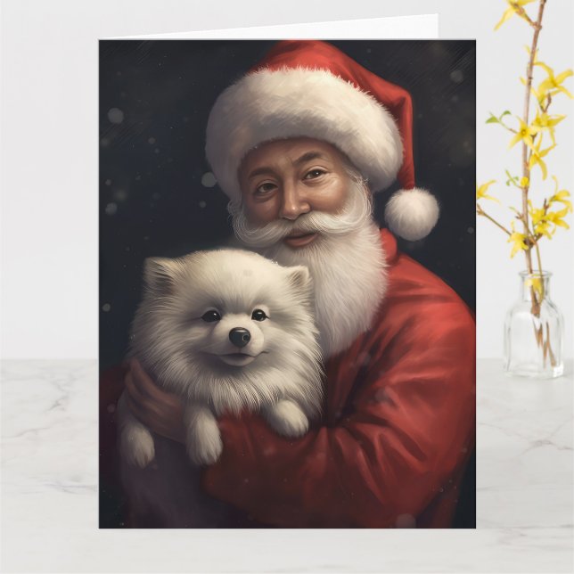 Amerikansk eskimo med Jultomten julafton Kort (Gul blomma)