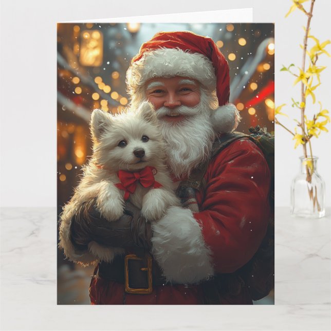 Amerikansk Eskimo Med Tomte Festlig Jul Kort (Gul blomma)