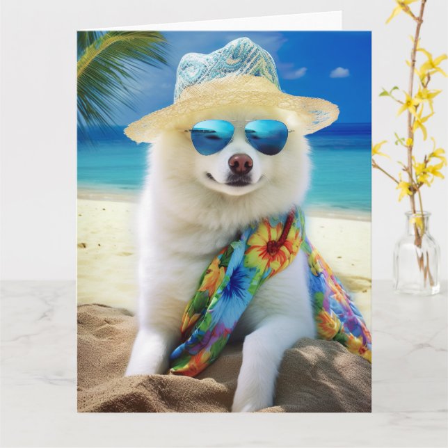 Amerikansk Eskimo på strand,sommarpresent för hund Kort (Gul blomma)