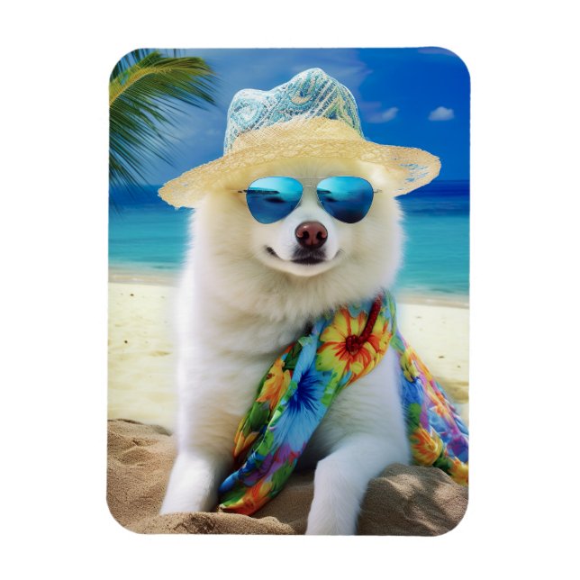 Amerikansk Eskimo på strand,sommarpresent för hund Magnet (Vertikal)