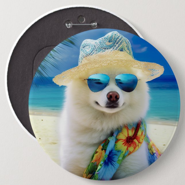 Amerikansk Eskimo på strand,sommarpresent till hun Knapp (Framsida & baksida)