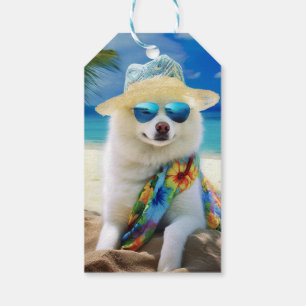 Amerikansk Eskimo på strand,sommarpresent till hun Presentetikett