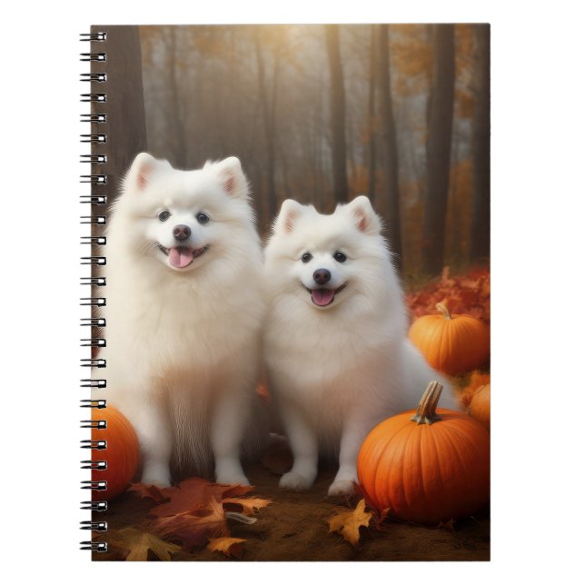 Amerikansk eskimo Puppy Autumn Delight Pumpkin Anteckningsbok (Framsidan)