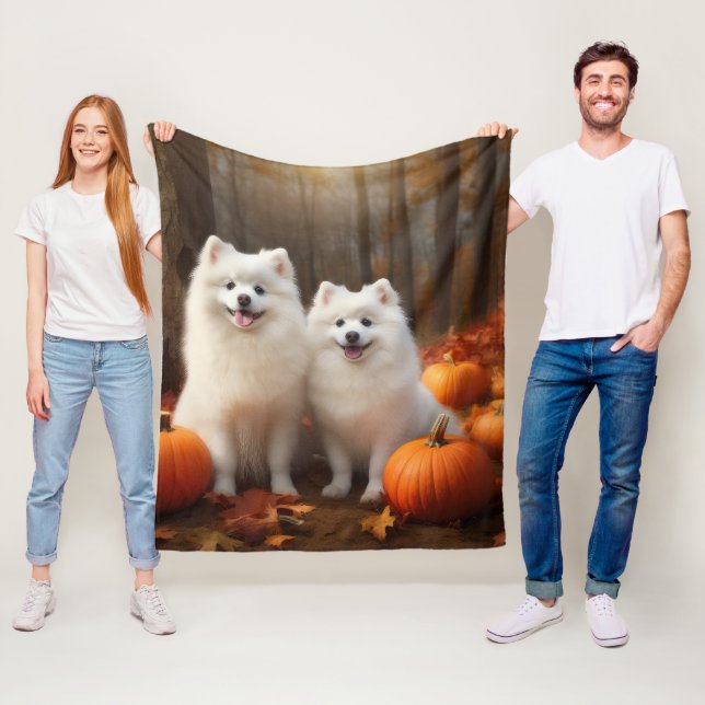 Amerikansk eskimo Puppy Autumn Delight Pumpkin Fleecefilt (På plats)