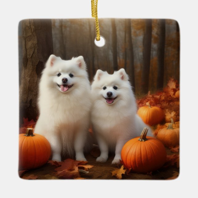 Amerikansk eskimo Puppy Autumn Delight Pumpkin Julgransprydnad Keramik (Framsida)