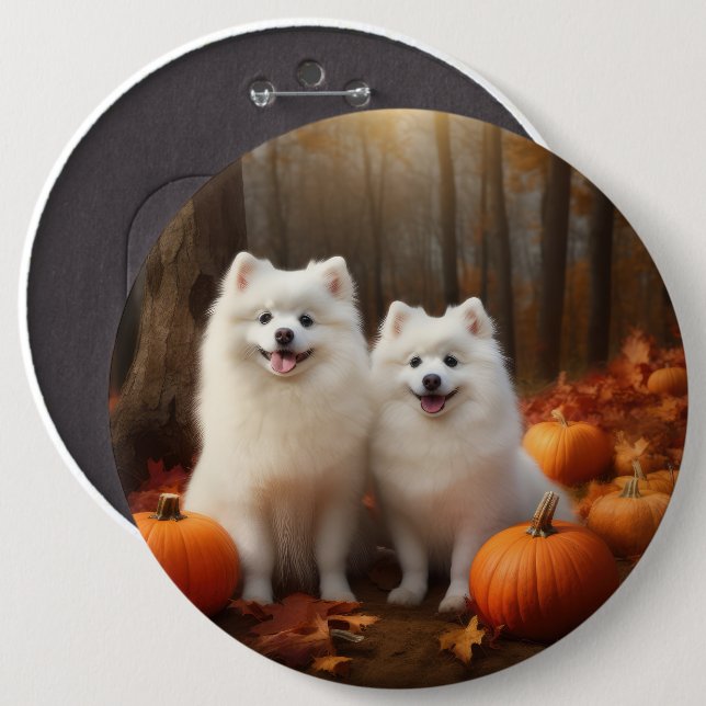 Amerikansk eskimo Puppy Autumn Delight Pumpkin Knapp (Framsida & baksida)