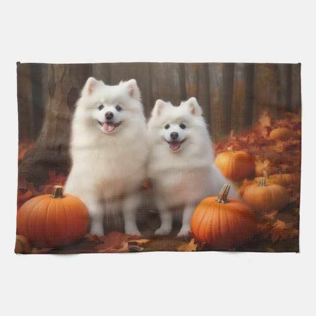 Amerikansk eskimo Puppy Autumn Delight Pumpkin Kökshandduk (Horisontell)
