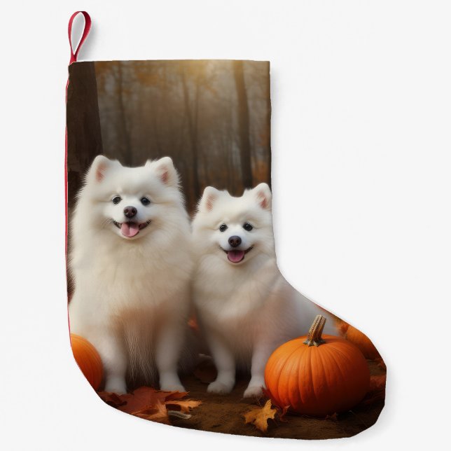 Amerikansk eskimo Puppy Autumn Delight Pumpkin Liten Julstrumpa (Framsidan)