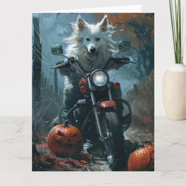 Amerikansk Eskimo Ridande Motorcykel Halloween Skr Kort (Framsida)