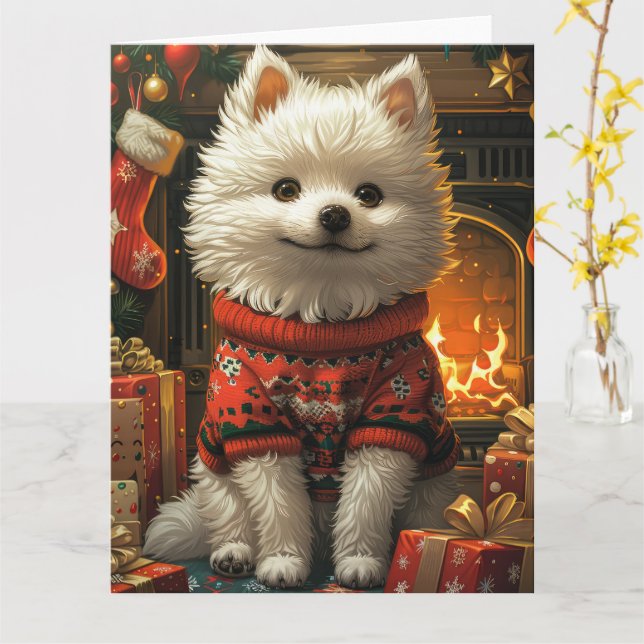 Amerikansk Eskimohund med julklappar öppen spis Kort (Gul blomma)